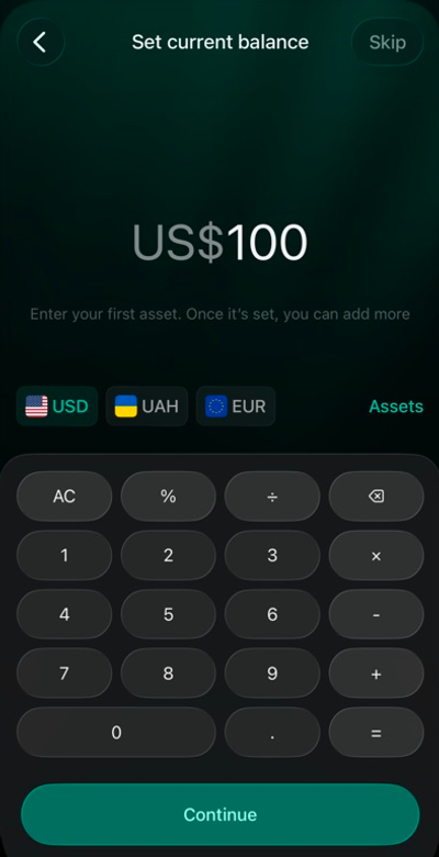 iOS Set current balance screen with 100 USD, Assets, and Continue.