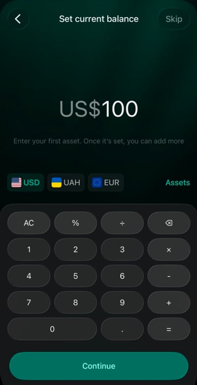 iOS Set current balance screen with 100 USD, Assets, and Continue.