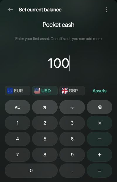 Set current balance panel for Pocket cash with 100 entered and USD selected.