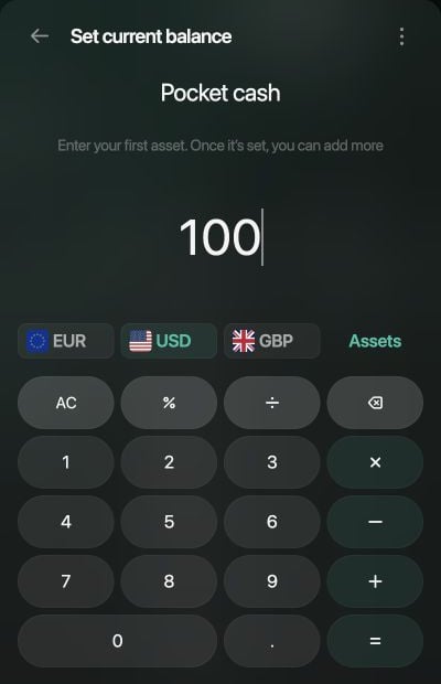 Set current balance panel for Pocket cash with 100 entered and USD selected.