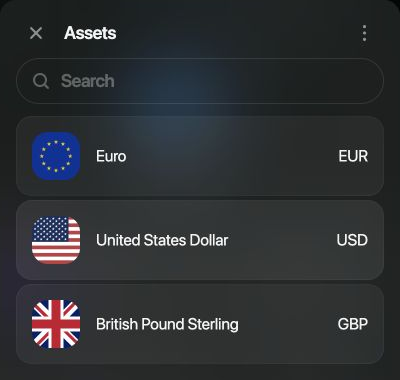 Assets picker showing EUR, USD, GBP, and a search field.