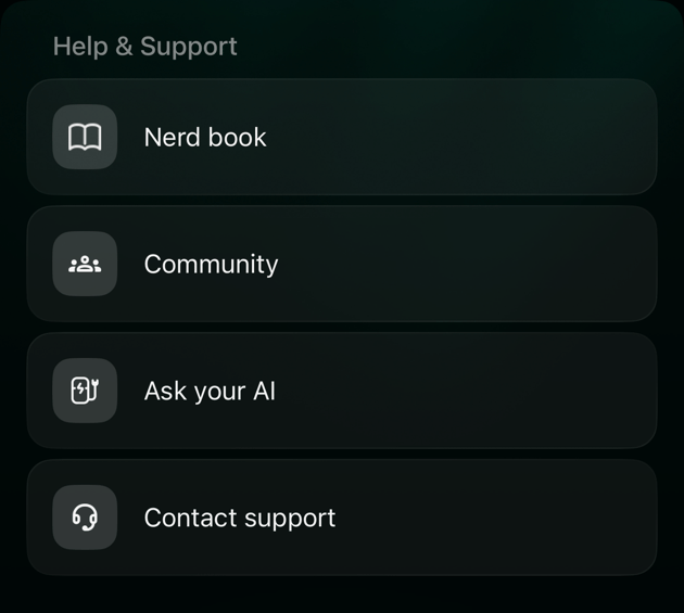 iOSのHelp & Supportのリスト。Nerd book、Community、Ask your AI、Contact support