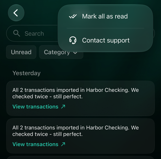 Inbox en iOS con el menú ⋮ abierto: Mark all as read y Contact support, sobre Search, los filtros Unread y Category y mensajes de importación