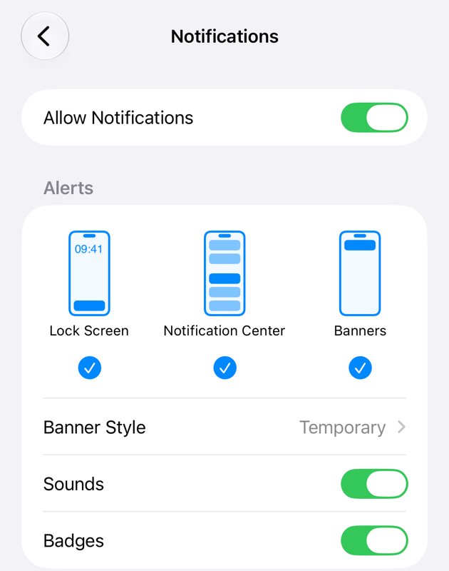 Ajustes del iPhone, Notifications de finerd: Allow Notifications activado, Lock Screen, Notification Center y Banners, Banner Style, Sounds y Badges