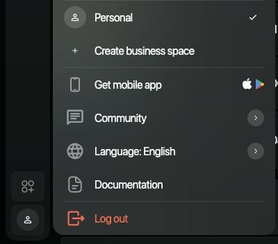 El menú del perfil en la web: Personal, Create business space, Get mobile app, Community, Language: English, Documentation y Log out