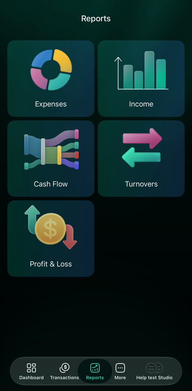 ビジネススペースのiOSのReports。Expenses、Income、Cash Flow、Turnovers、Profit & Loss