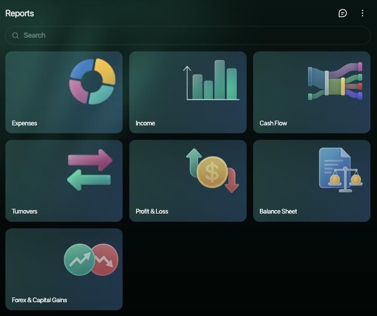 ビジネススペースのWebのReports。Expenses、Income、Cash Flow、Turnovers、Profit & Loss、Balance Sheet、Forex & Capital Gains