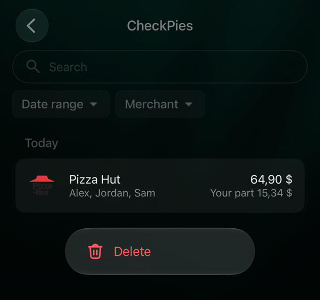 La lista CheckPies en la app de iOS con el CheckPie de Pizza Hut: Alex, Jordan, Sam, $64.90, Your part $15.34 y, debajo, un menú Delete.