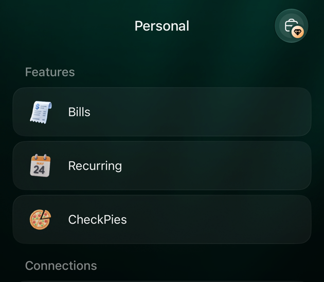La pantalla More de la app de finerd para iOS en un espacio Personal, con Bills, Recurring y CheckPies bajo Features.