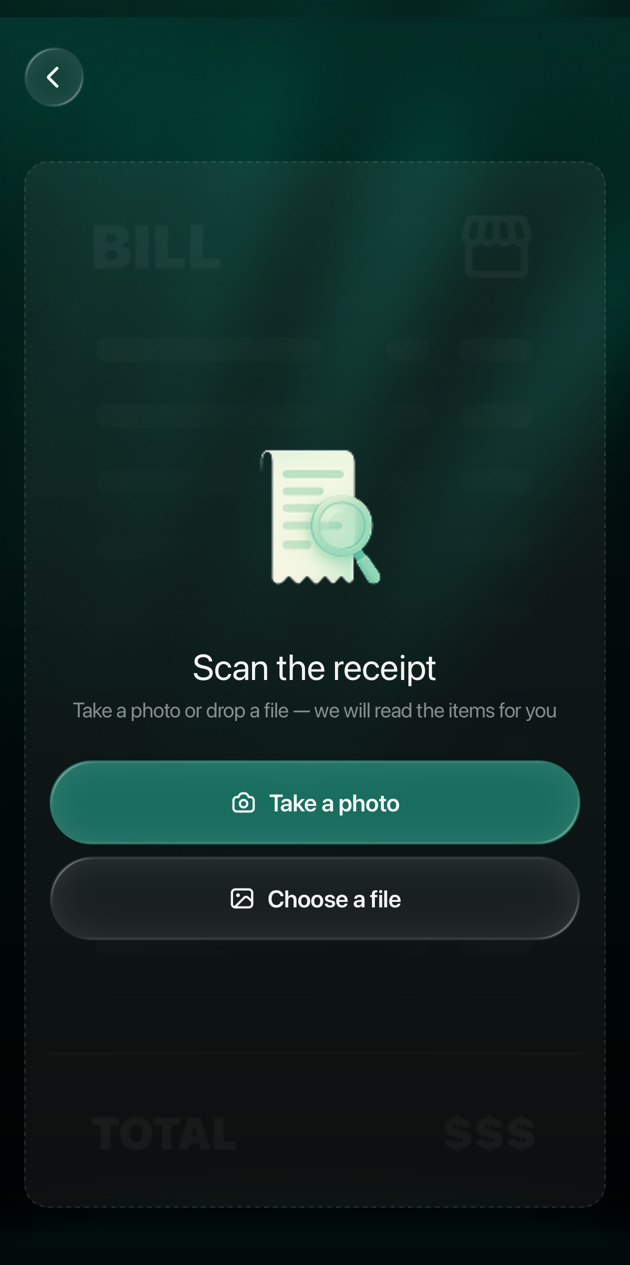 Pantalla Scan the receipt de la app de finerd para iOS con los botones Take a photo y Choose a file.