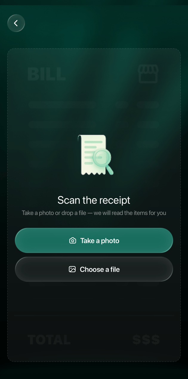 Pantalla Scan the receipt de la app de finerd para iOS con los botones Take a photo y Choose a file.