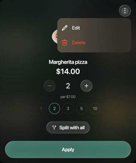 Panel del artículo Margherita pizza $14.00 con 2 partes, per $7.00, los botones 1, 2, 3, 5 y 10, Split with all, Apply y un menú abierto con Edit y Delete.