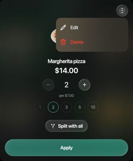 Panel del artículo Margherita pizza $14.00 con 2 partes, per $7.00, los botones 1, 2, 3, 5 y 10, Split with all, Apply y un menú abierto con Edit y Delete.
