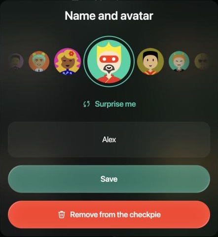Panel Name and avatar de Alex con una fila de avatares, Surprise me, el nombre Alex, Save y Remove from the checkpie.