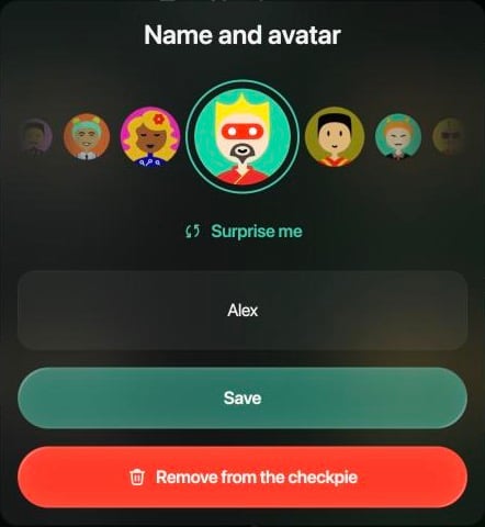 Panel Name and avatar de Alex con una fila de avatares, Surprise me, el nombre Alex, Save y Remove from the checkpie.