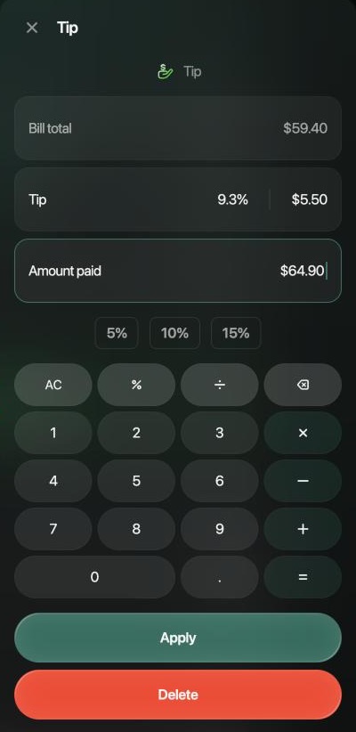 Panel Tip: Bill total $59.40, Tip 9.3% y $5.50, Amount paid $64.90, los botones 5%, 10% y 15%, un teclado numérico, Apply y Delete.