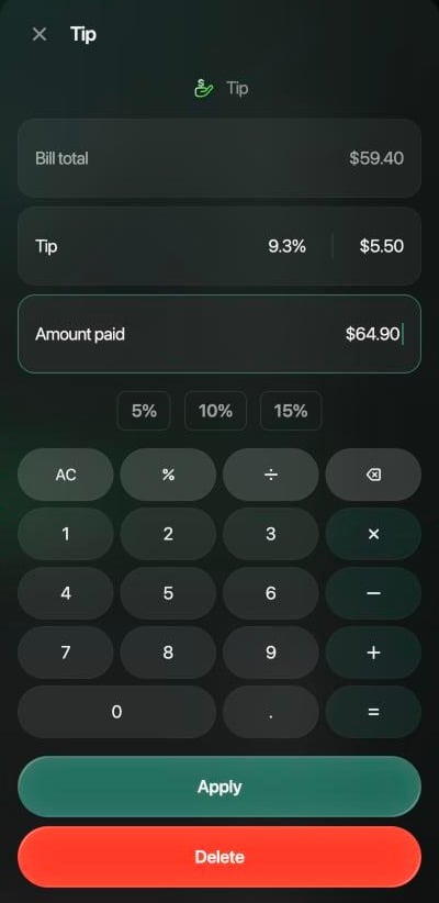 Panel Tip: Bill total $59.40, Tip 9.3% y $5.50, Amount paid $64.90, los botones 5%, 10% y 15%, un teclado numérico, Apply y Delete.