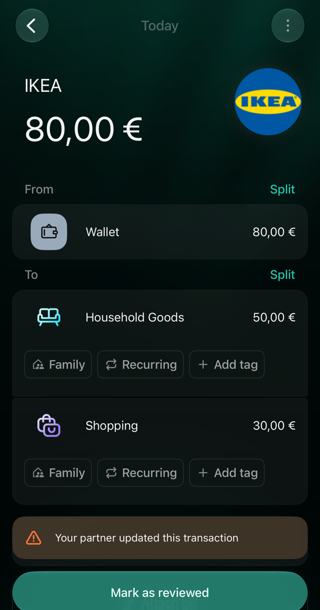 Витрата IKEA на 80 євро в iOS, поділена на Household Goods 50 євро і Shopping 30 євро, обидві без Family, з попередженням Your partner updated this transaction і кнопкою Mark as reviewed.