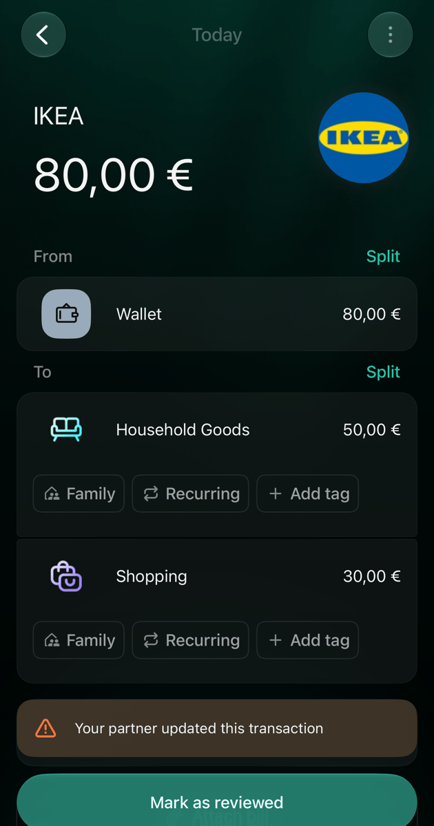 Витрата IKEA на 80 євро в iOS, поділена на Household Goods 50 євро і Shopping 30 євро, обидві без Family, з попередженням Your partner updated this transaction і кнопкою Mark as reviewed.