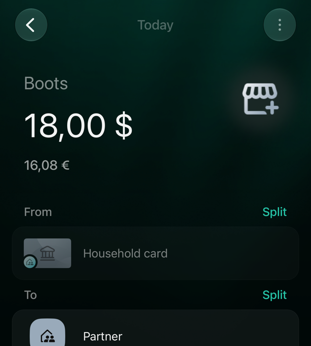 Вигляд партнера в iOS: Boots 18 доларів з Household card на Partner, без категорії.
