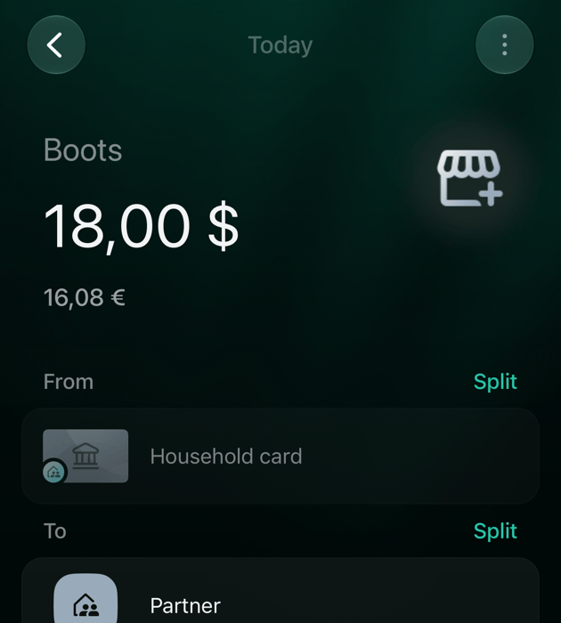Вигляд партнера в iOS: Boots 18 доларів з Household card на Partner, без категорії.