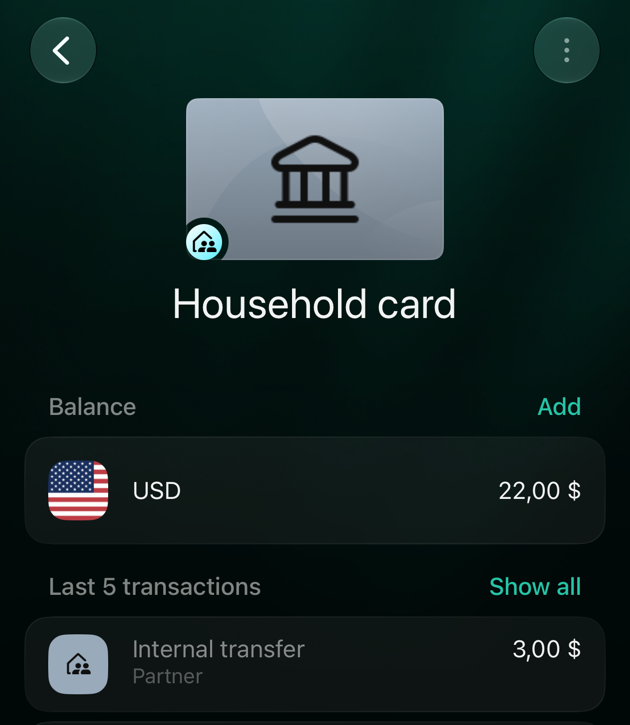 Household card в iOS партнера: Internal transfer 3 долари на Partner і Boots 18 доларів на Partner.