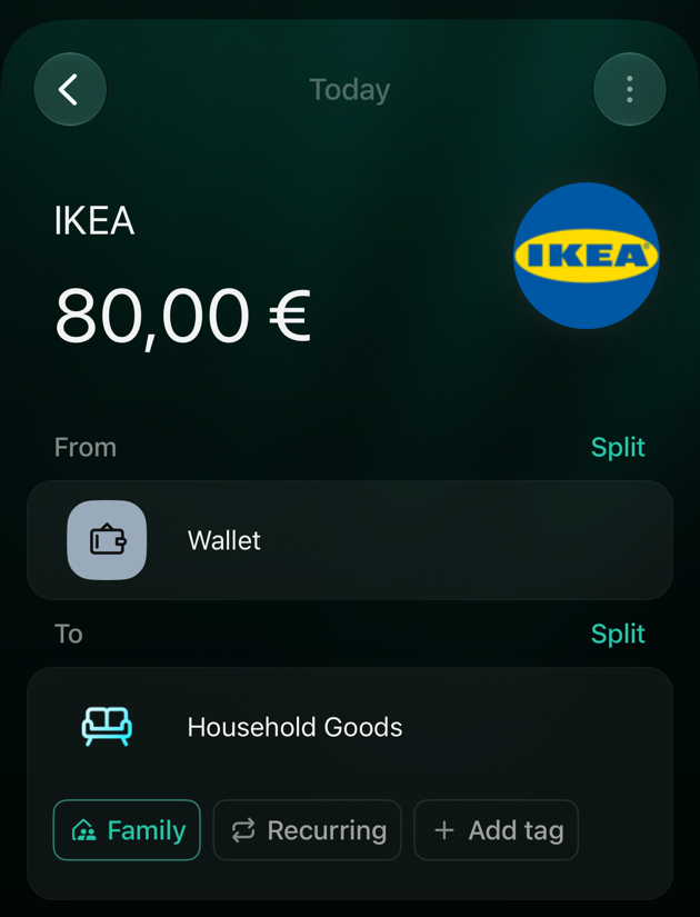 Витрата IKEA на 80 євро в iOS: From Wallet, To Household Goods з увімкненим Family, Recurring і Add tag, кнопка Save.