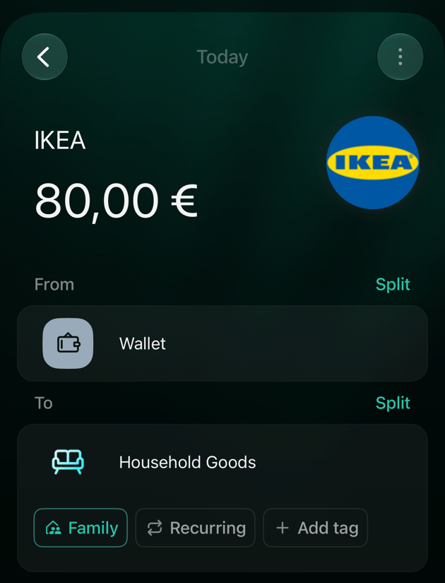 Витрата IKEA на 80 євро в iOS: From Wallet, To Household Goods з увімкненим Family, Recurring і Add tag, кнопка Save.