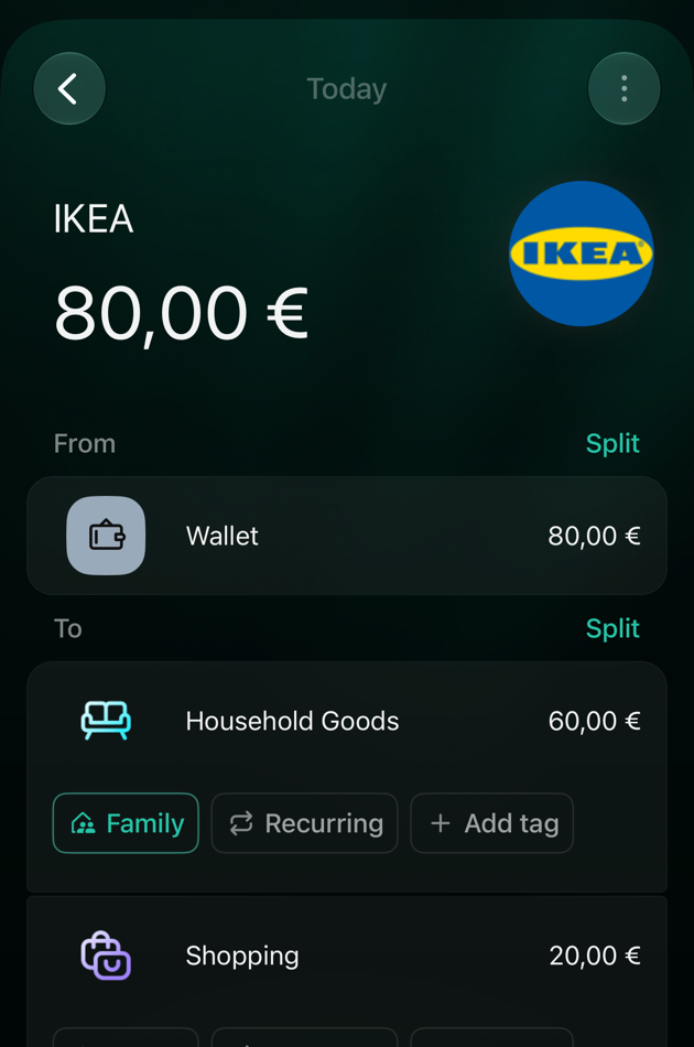 Витрата IKEA на 80 євро в iOS, поділена на Household Goods 60 євро з увімкненим Family і Shopping 20 євро без нього.