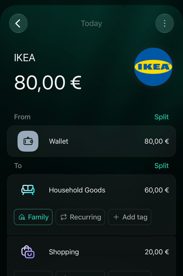 Витрата IKEA на 80 євро в iOS, поділена на Household Goods 60 євро з увімкненим Family і Shopping 20 євро без нього.
