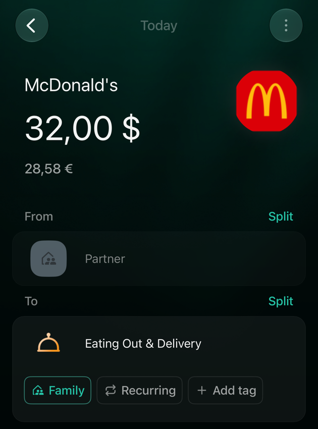 Отримана транзакція McDonald's на 32 долари в iOS: From Partner притемнено, To Eating Out & Delivery з увімкненим Family, Recurring і Add tag.