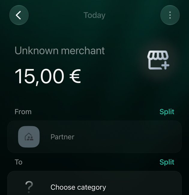 Отримана транзакція на 15 євро в iOS з Partner із полем Choose category у блоці To.