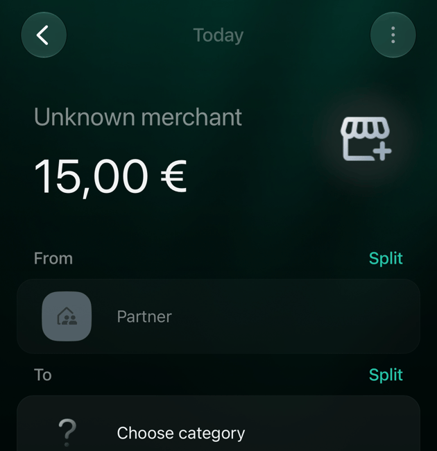 Отримана транзакція на 15 євро в iOS з Partner із полем Choose category у блоці To.
