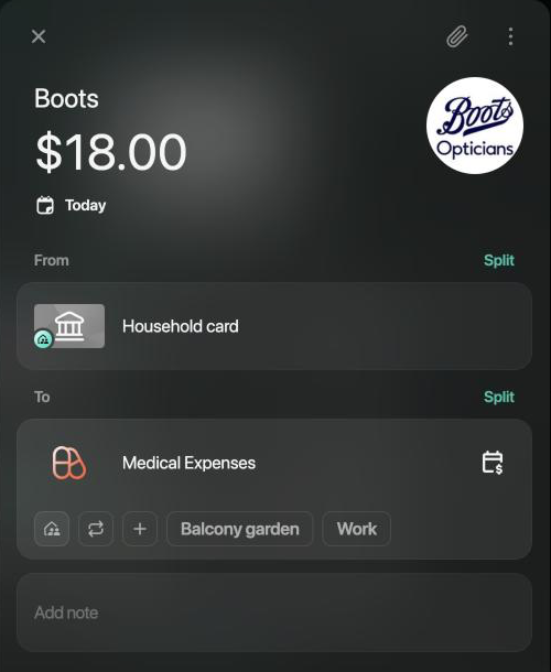 Boots transaction of $18.00 on the web: From Household card with the family badge, To Medical Expenses with the family icon not highlighted.