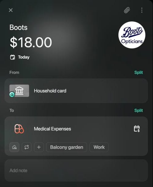 Boots transaction of $18.00 on the web: From Household card with the family badge, To Medical Expenses with the family icon not highlighted.