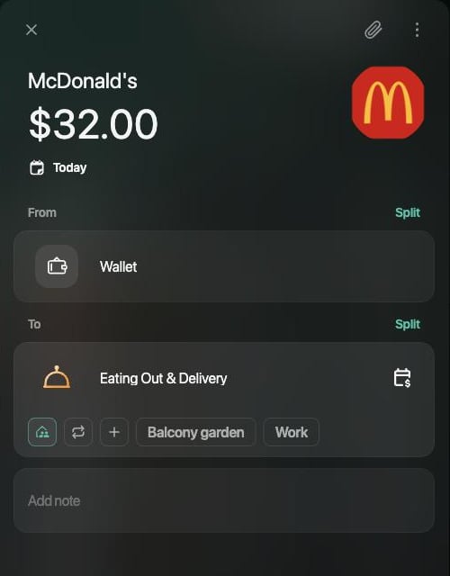 McDonald's transaction of $32.00 on the web: From Wallet, To Eating Out & Delivery with the family icon highlighted under the category.