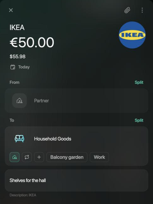 A received IKEA transaction of €50.00 on the web: From Partner, To Household Goods with the family icon highlighted, the note Shelves for the hall and the description IKEA.