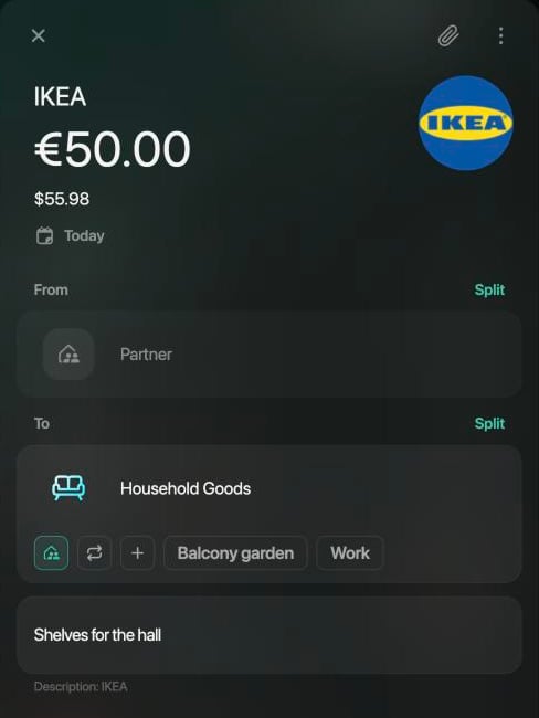 A received IKEA transaction of €50.00 on the web: From Partner, To Household Goods with the family icon highlighted, the note Shelves for the hall and the description IKEA.