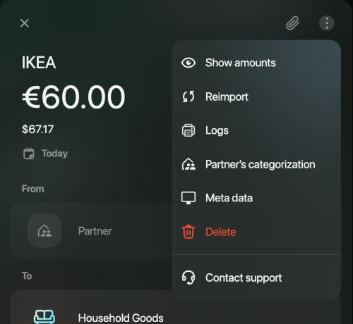 The ⋮ menu of a received IKEA transaction on the web: Show amounts, Reimport, Logs, Partner's categorization, Meta data, Delete, Contact support.