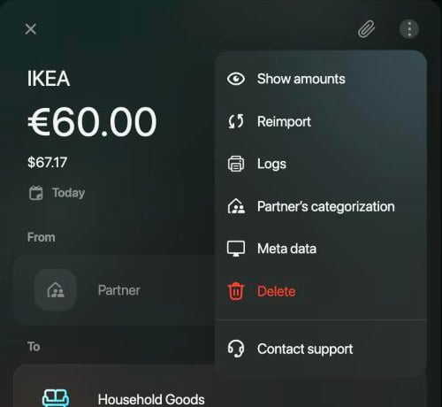 The ⋮ menu of a received IKEA transaction on the web: Show amounts, Reimport, Logs, Partner's categorization, Meta data, Delete, Contact support.