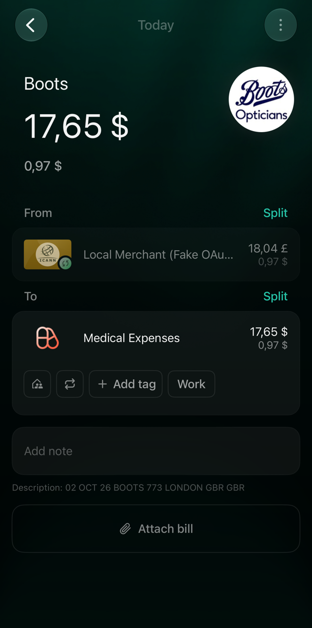 iOS bank expense at Boots of 17.65 dollars from a connected account, with the account line dimmed and the bank's description under the note.