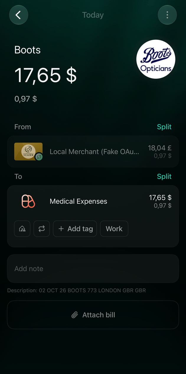 iOS bank expense at Boots of 17.65 dollars from a connected account, with the account line dimmed and the bank's description under the note.