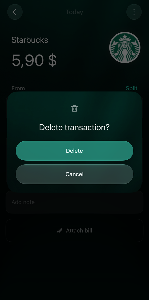 iOS dialog Delete transaction? with Delete and Cancel over a Starbucks expense.
