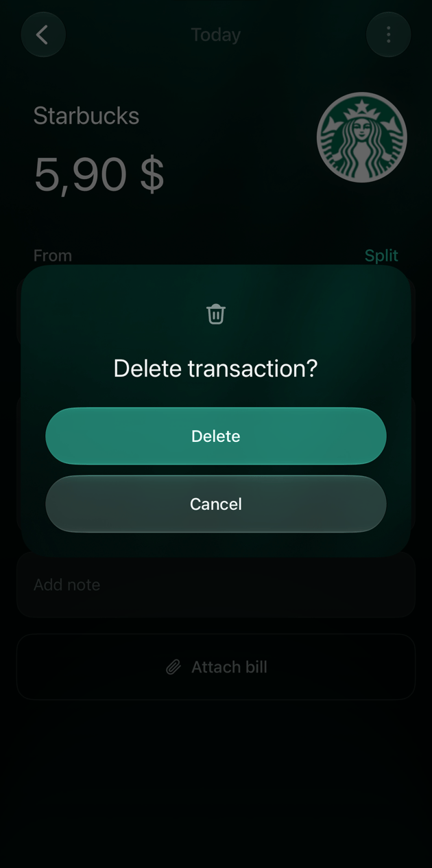 iOS dialog Delete transaction? with Delete and Cancel over a Starbucks expense.