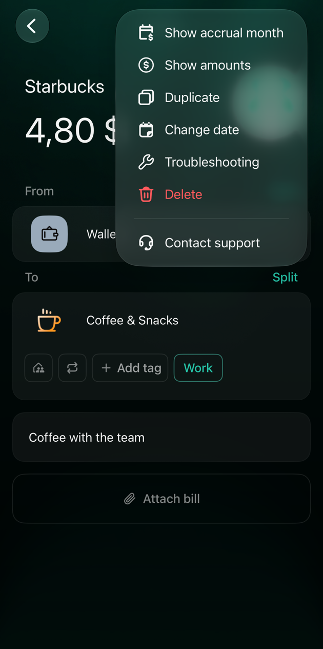 iOS menu of a Starbucks expense with Show accrual month, Show amounts, Duplicate, Change date, Troubleshooting, Delete and Contact support.