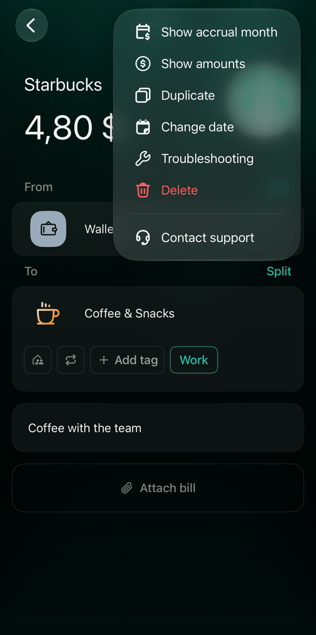 iOS menu of a Starbucks expense with Show accrual month, Show amounts, Duplicate, Change date, Troubleshooting, Delete and Contact support.