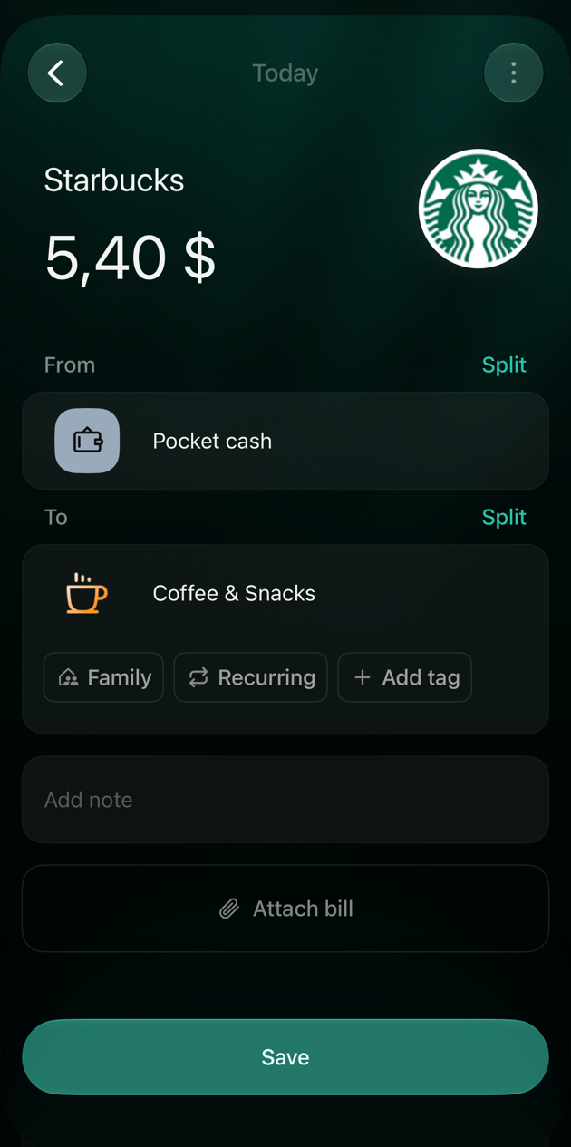 iOS new Starbucks expense of 5.40 dollars from Pocket cash to Coffee & Snacks, with Add note, Attach bill and Save.