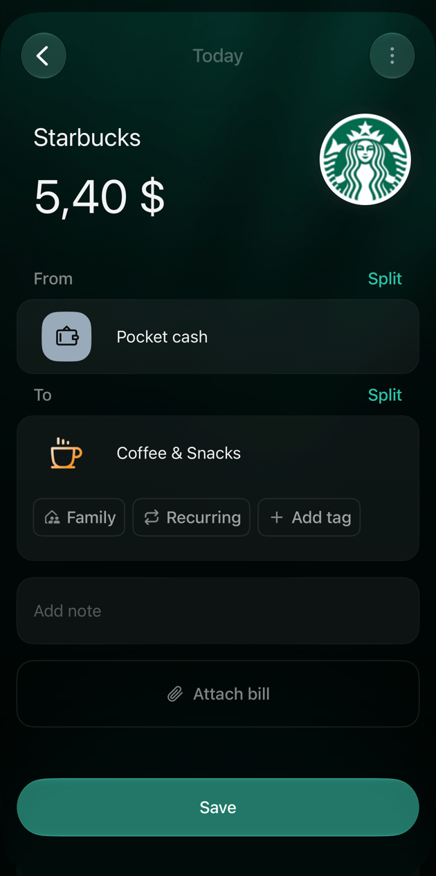 iOS new Starbucks expense of 5.40 dollars from Pocket cash to Coffee & Snacks, with Add note, Attach bill and Save.