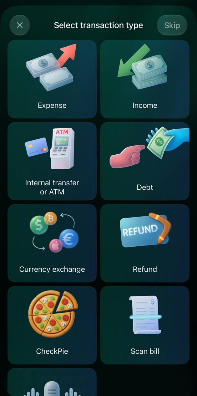 iOS Select transaction type screen with Expense, Income, Internal transfer or ATM, Debt, Currency exchange, Refund, CheckPie and Scan bill.