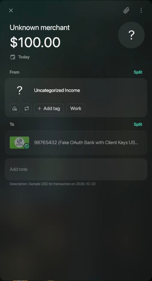 Bank income of $100.00 from Uncategorized Income to the connected account 98765432, with the account line dimmed and the bank's description under the note.